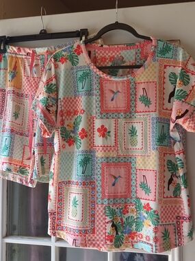 Cuddl Duds Women's Tropical Patchwork Short Sleeve Pajama Set - Pink Multi NWOT